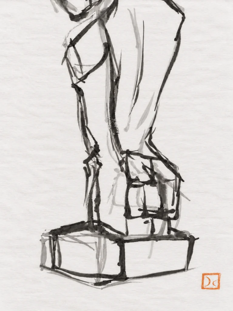 Boceto de Heracles, detalle de la base dibujada y sello del artista