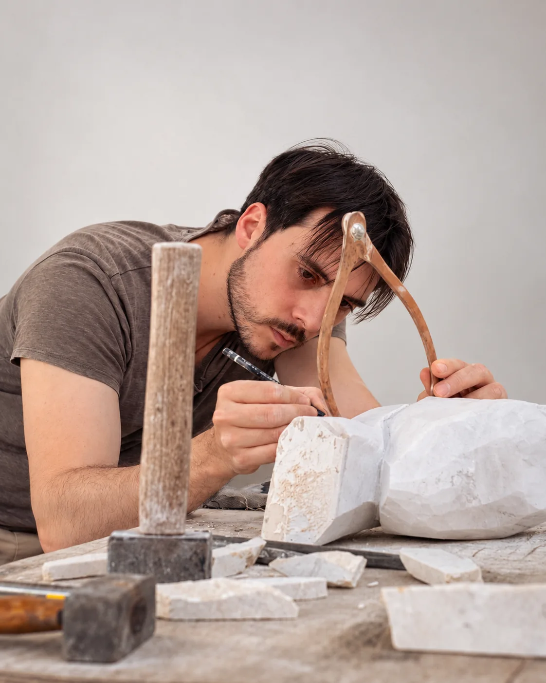 David Gómez midiendo con un compás un bloque de piedra en el taller